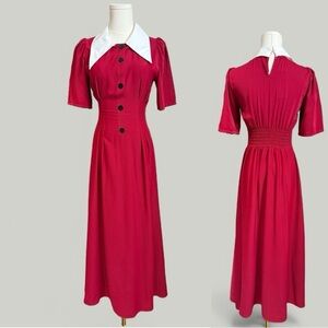 Dress Women Size Small Red Long Exaggerated Collar Puff Sleeves Sinch Waist